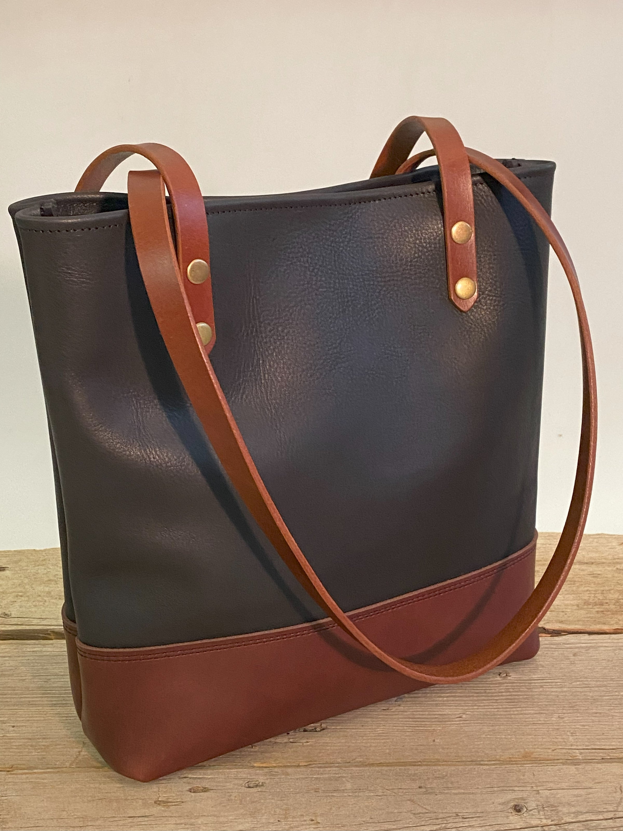 Black on Brown tone Leather Tote Bag Gooseberry Leather Company